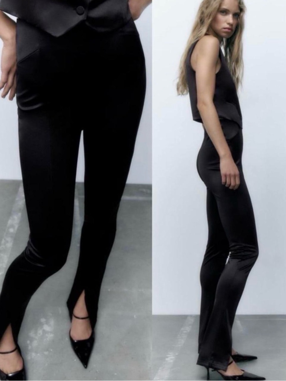 ZARA NWT Black Satin Straight Leg Slit Bottom Pants Size S